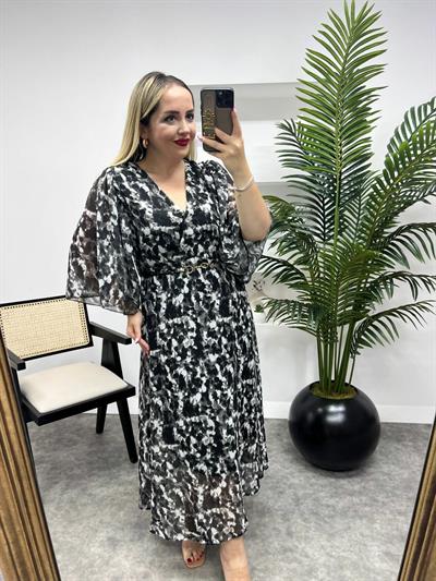 Yarasa Kol Detaylı Şifon Elbise Siyah