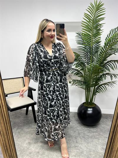 Yarasa Kol Detaylı Şifon Elbise Siyah