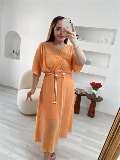 Yarasa Kol Hasir İp Kemerli Elbise  Oranj