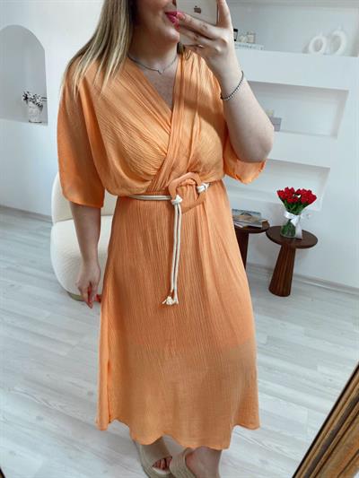 Yarasa Kol Hasir İp Kemerli Elbise  Oranj