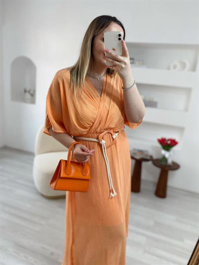 Yarasa Kol Hasir İp Kemerli Elbise  Oranj