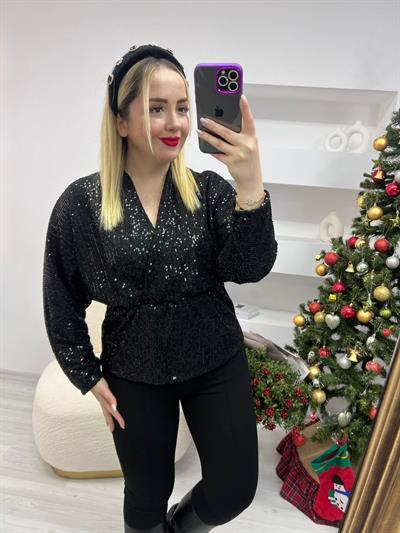 Yarasa Kol Payet Beli Lastikli Tasarım Bluz