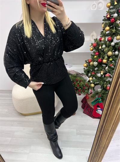 Yarasa Kol Payet Beli Lastikli Tasarım Bluz