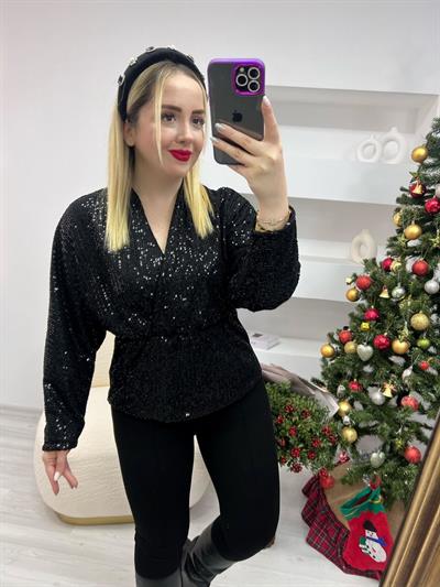 Yarasa Kol Payet Beli Lastikli Tasarım Bluz