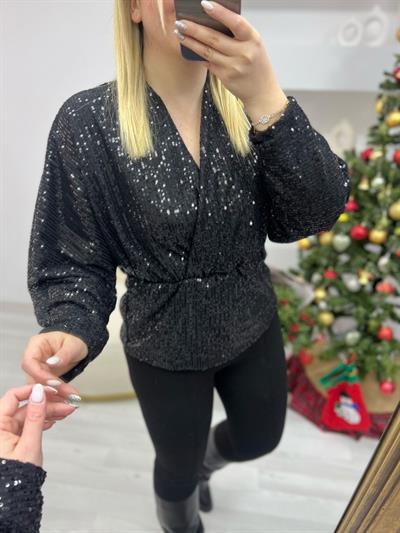 Yarasa Kol Payet Beli Lastikli Tasarım Bluz