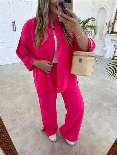 Yarım Kol Detaylı Rahat Takım Pembe