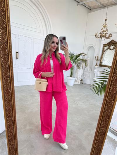 Yarım Kol Detaylı Rahat Takım Pembe