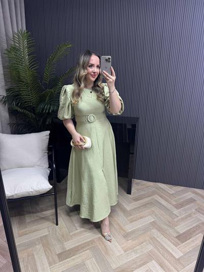 Yasmin Balon Kol Kemerli Tasarım Elbise Mint Yeşili