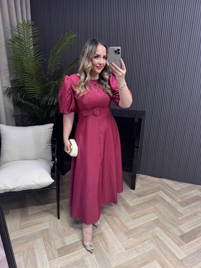 Yasmin Balon Kol Kemerli Tasarım Elbise Bordo