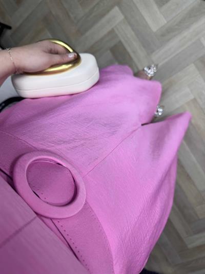 Yasmin Balon Kol Kemerli Tasarım Elbise Pembe