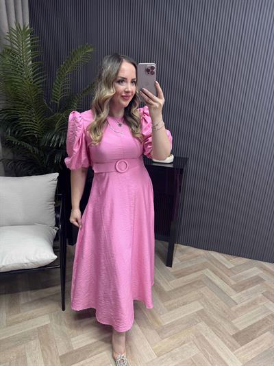 Yasmin Balon Kol Kemerli Tasarım Elbise Pembe