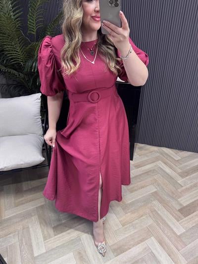 Yasmin Balon Kol Kemerli Tasarım Elbise Bordo