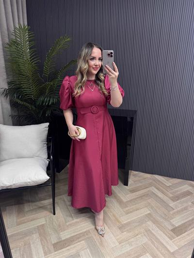 Yasmin Balon Kol Kemerli Tasarım Elbise Bordo