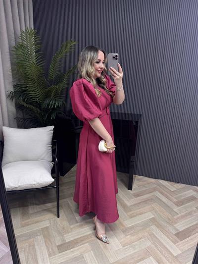 Yasmin Balon Kol Kemerli Tasarım Elbise Bordo