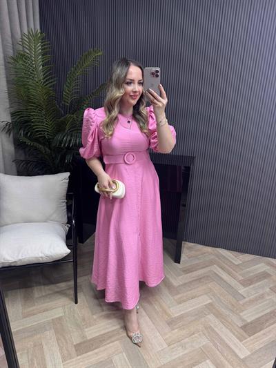 Yasmin Balon Kol Kemerli Tasarım Elbise Pembe