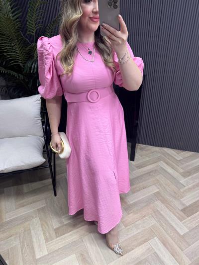 Yasmin Balon Kol Kemerli Tasarım Elbise Pembe