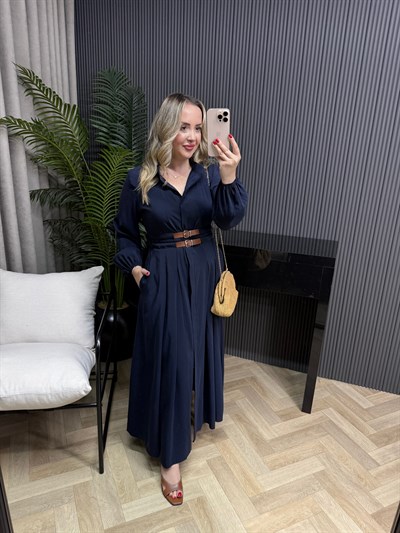 Yasmin Bel Kemer Detaylı Tensel Tasarım Elbise Lacivert