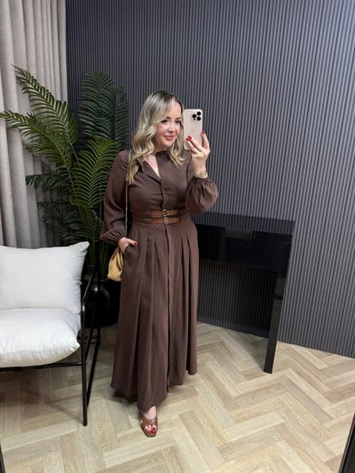 Yasmin Bel Kemer Detaylı Tensel Tasarım Elbise Acı Kahve