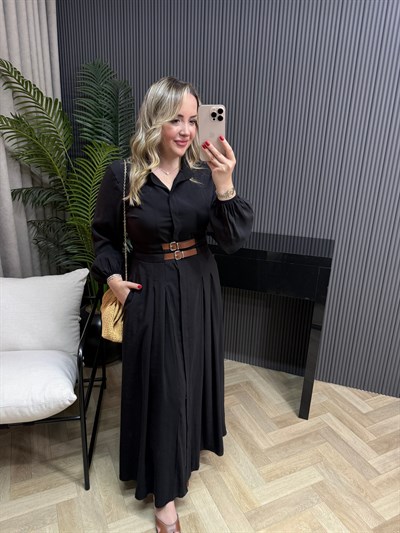 Yasmin Bel Kemer Detaylı Tensel Tasarım Elbise Siyah