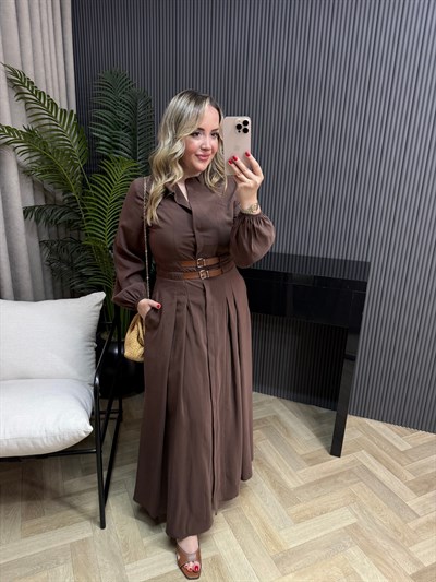 Yasmin Bel Kemer Detaylı Tensel Tasarım Elbise Acı Kahve
