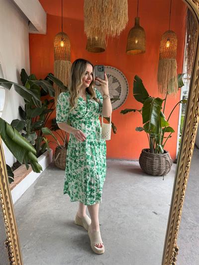 Yeşil Çiçekli Beli Lastıklı Elbise