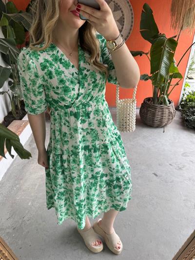 Yeşil Çiçekli Beli Lastıklı Elbise