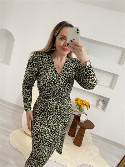 Yeşil Minik Leopar Desen Drapeli Elbise