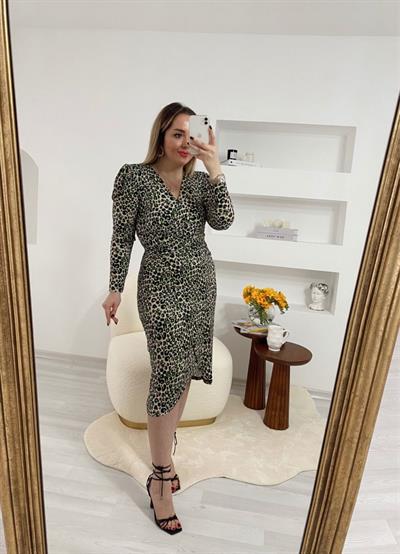 Yeşil Minik Leopar Desen Drapeli Elbise