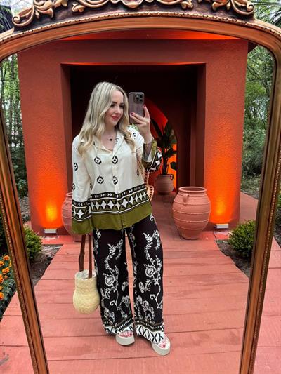 Yeşil - Siyah Etnik Desenlı Pamuk Poplin Takım