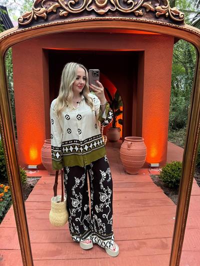 Yeşil - Siyah Etnik Desenlı Pamuk Poplin Takım