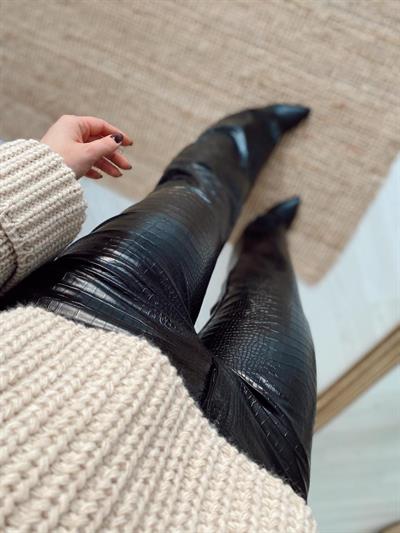 Yılan Desen Siyah Deri Pantolon