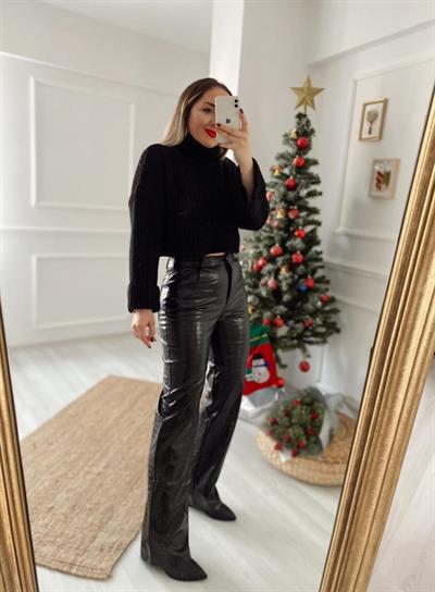 Yılan Desen Siyah Deri Pantolon