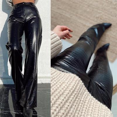 Yılan Desen Siyah Deri Pantolon