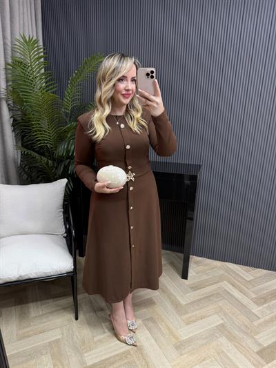 Yıldız Aksesuarlı Kahverengi Krep Elbise