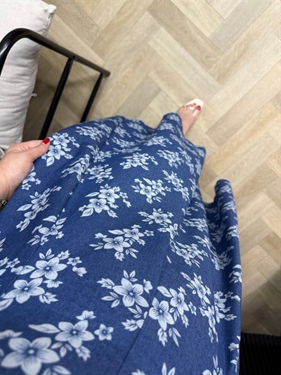 Yuvarlak Yaka Tensel Denim Desenli Elbise