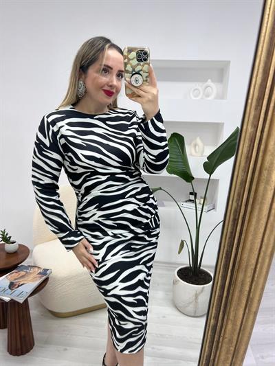 Zebra Desen Drapeli Midi Boy Elbise