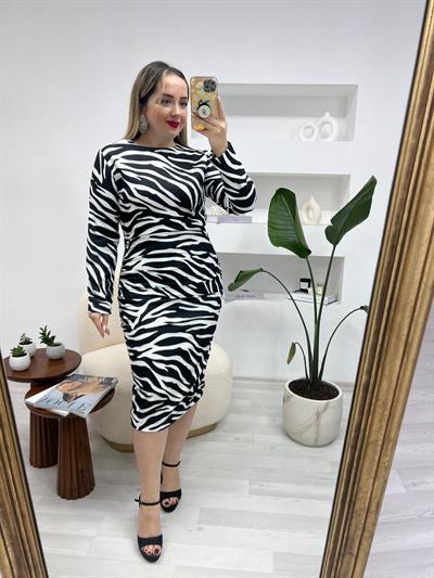 Zebra Desen Drapeli Midi Boy Elbise
