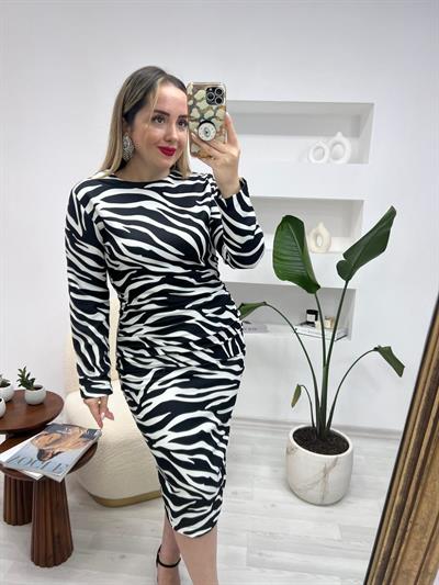 Zebra Desen Drapeli Midi Boy Elbise