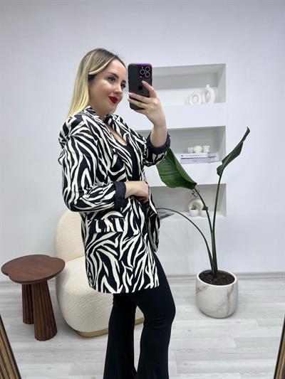 Zebra Desen Saten Blazer Ceket