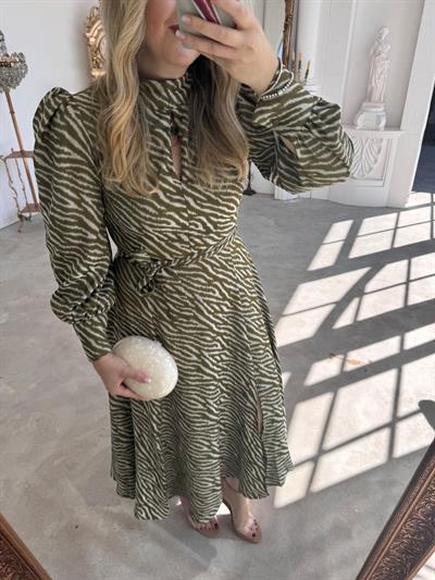 Zebra Desenli Haki Saten Elbise