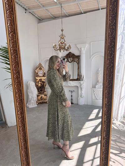 Zebra Desenli Haki Saten Elbise