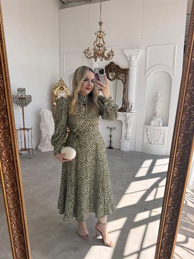 Zebra Desenli Haki Saten Elbise