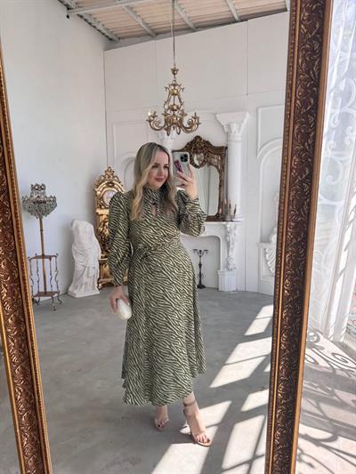 Zebra Desenli Haki Saten Elbise