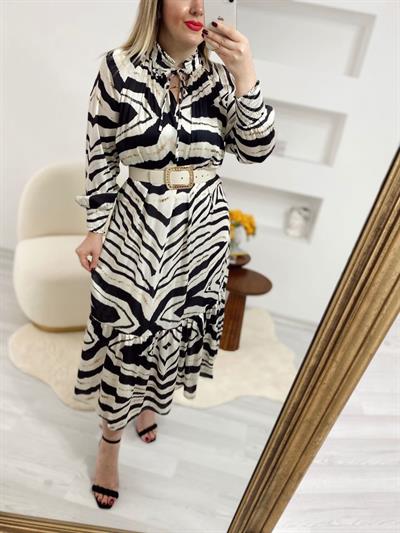 Zebra Desenli Kemerli Saten Elbise