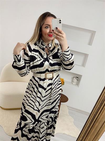 Zebra Desenli Kemerli Saten Elbise