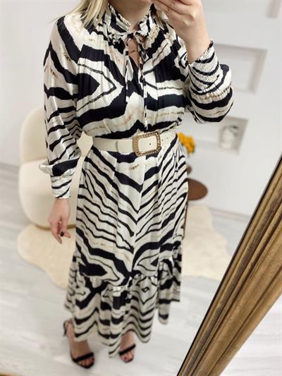 Zebra Desenli Kemerli Saten Elbise