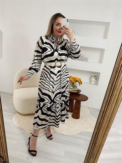 Zebra Desenli Kemerli Saten Elbise