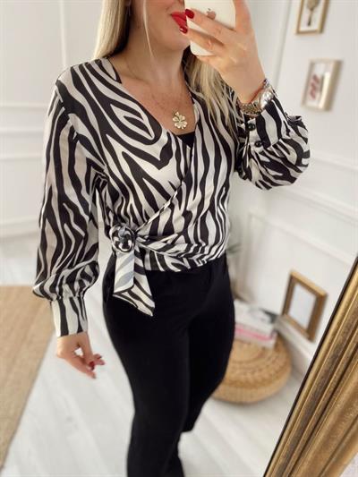 Zebra İpek Saten Kruvaze Bluz