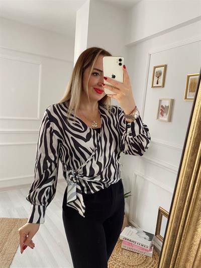 Zebra İpek Saten Kruvaze Bluz