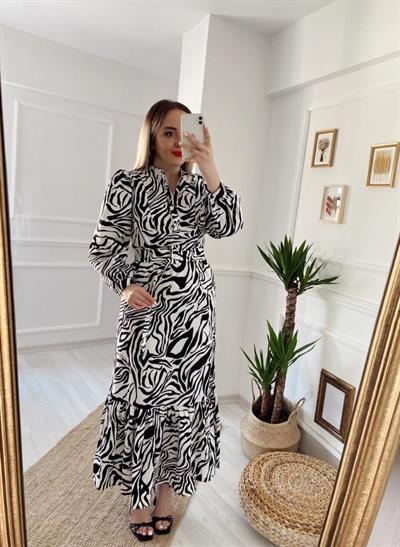 Zebra Kendinden Kuşaklı Elbise